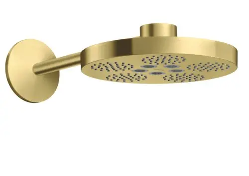 Kopfbrause von AXOR in gebürstetem Messing, montiert an einem kurzen Arm. Die Brause hat ein flaches, rundes Design mit verschiedenen Wasserstrahl-Optionen.